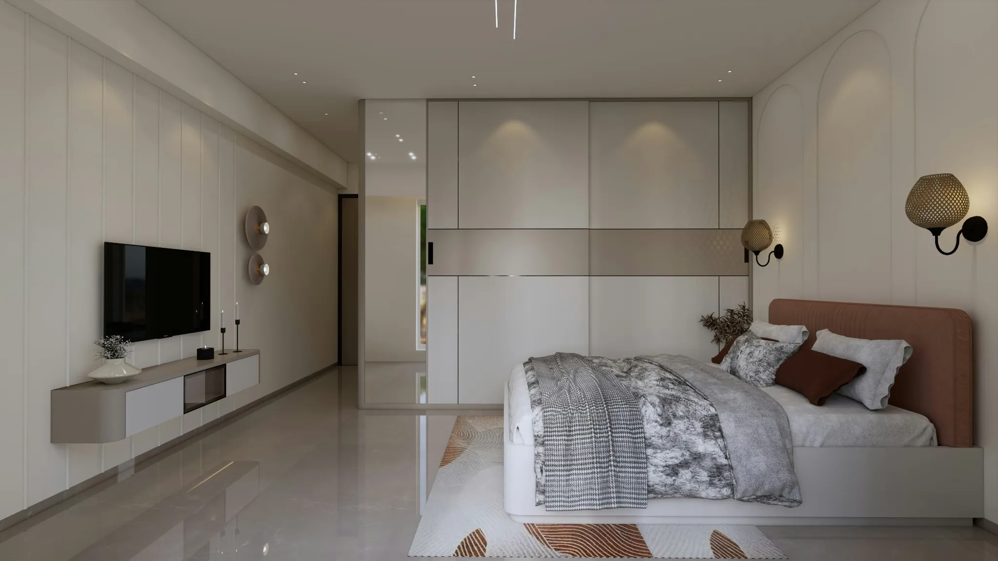 Modern bedroom with neutral tones, soft lighting, and clean finishes for apartment interior design.
