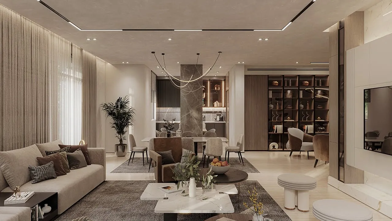 Open-plan living and dining area with modern finishes and a calm neutral palette.