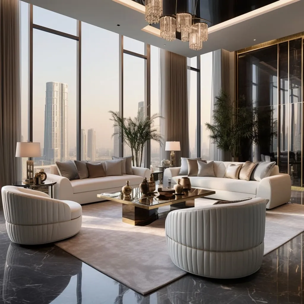 Luxury living room with statement lighting, premium finishes, and a skyline view.