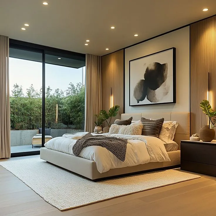 Modern bedroom interior design for a Dubai apartment with warm lighting, neutral tones, and soft furnishings.
