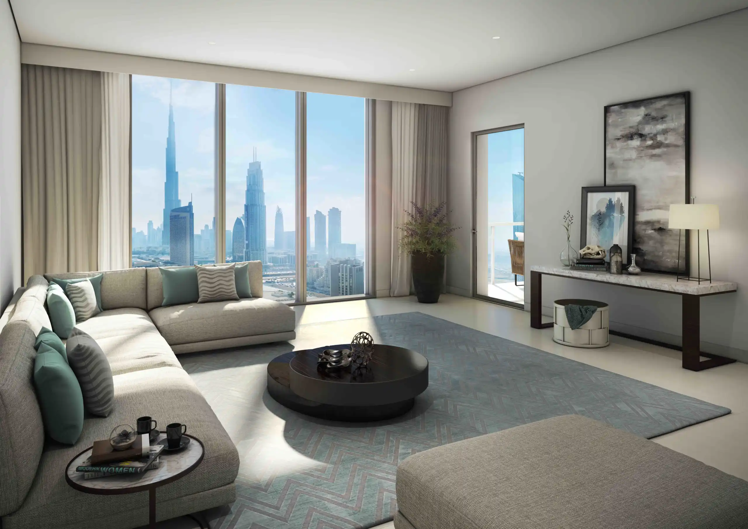 Modern apartment interior design in Dubai with a bright living room, floor to ceiling windows, and skyline view.
