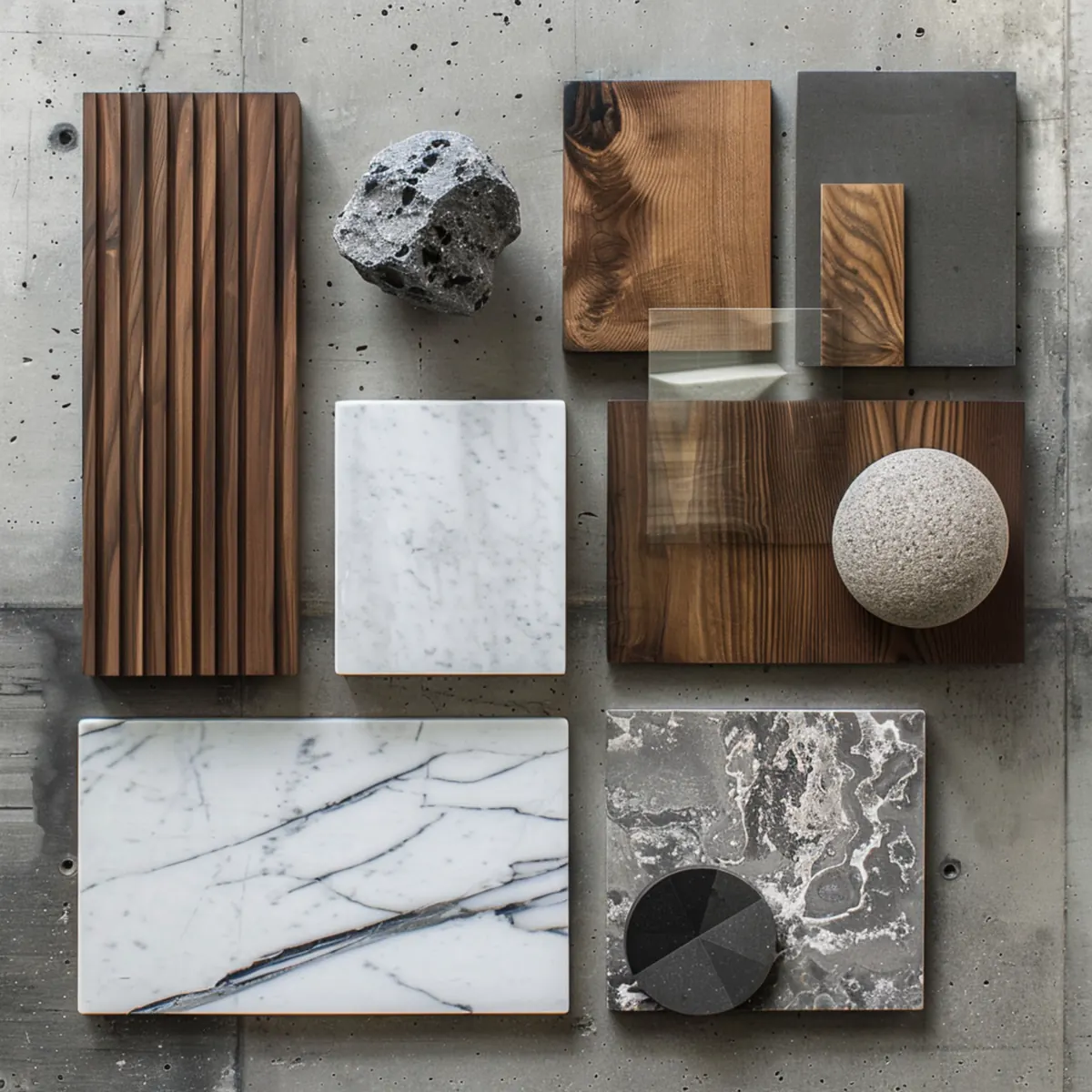 Material moodboard with wood and stone samples for apartment interior design planning.