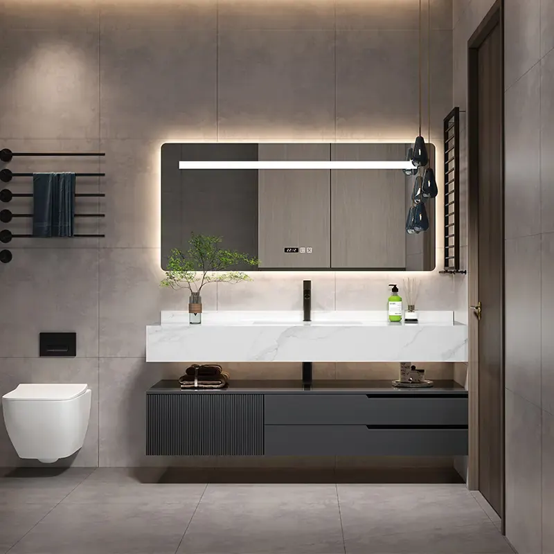 Modern bathroom design in Dubai apartment with floating vanity and backlit mirror.