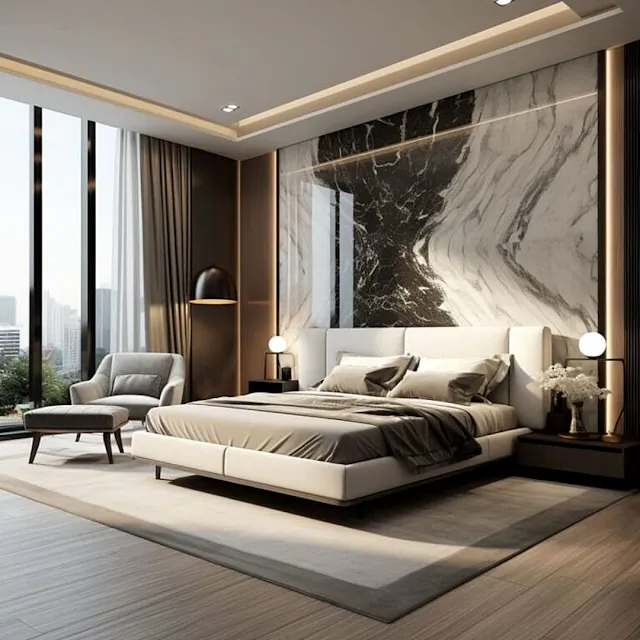 Bedroom interior design in Dubai apartment with warm lighting and a clean, relaxing setup.