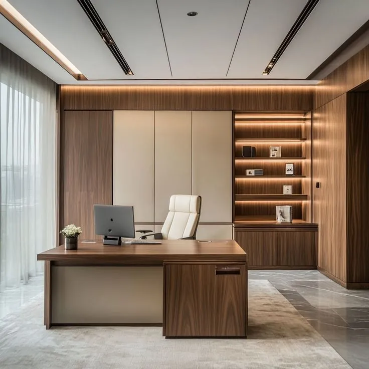 Dubai apartment home office design with wood paneling, built-in shelving, and warm lighting.