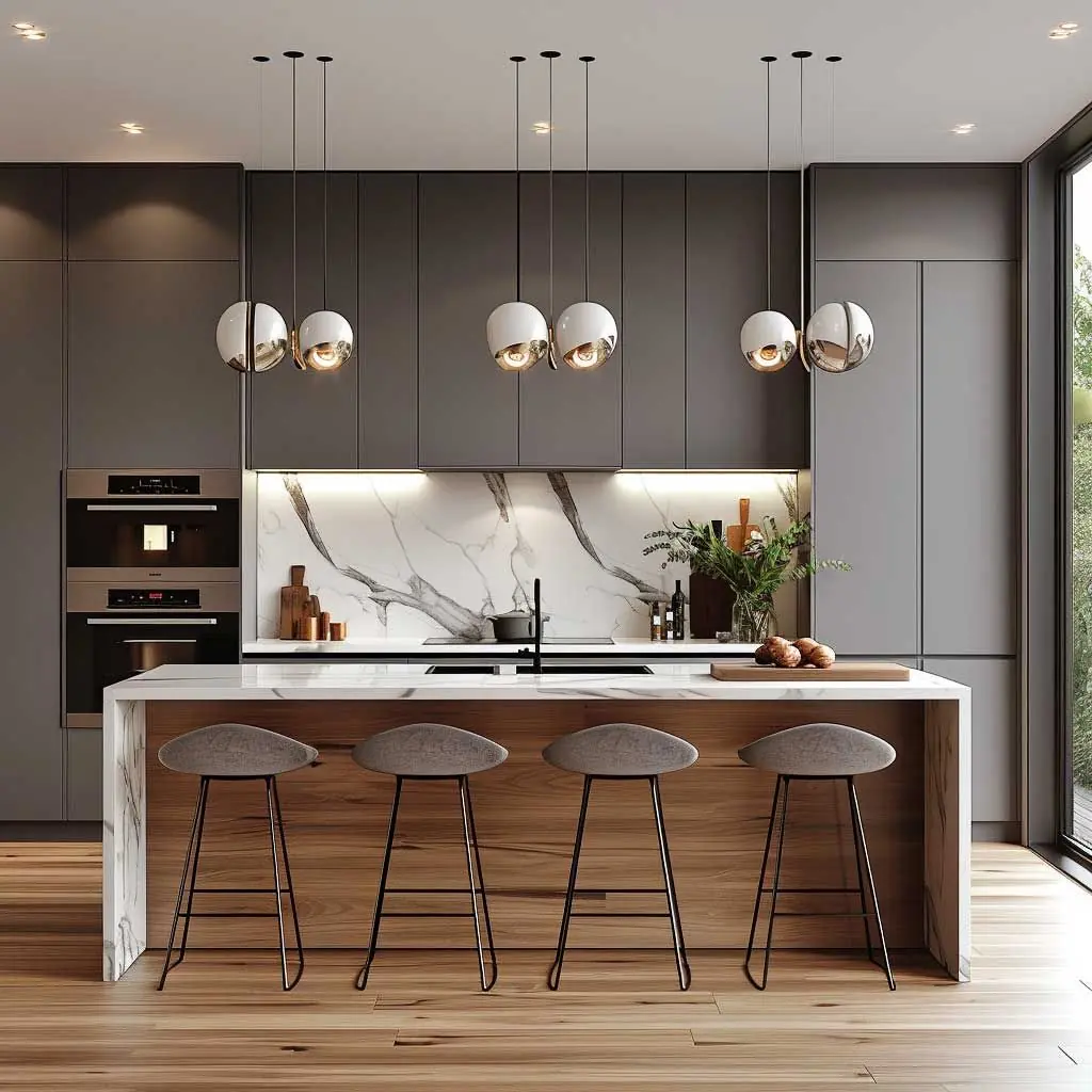 Modern kitchen interior design for a Dubai apartment with island seating and sleek cabinetry.