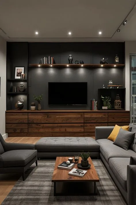 Dubai apartment living room design with a custom media wall, built-in storage, and warm lighting.