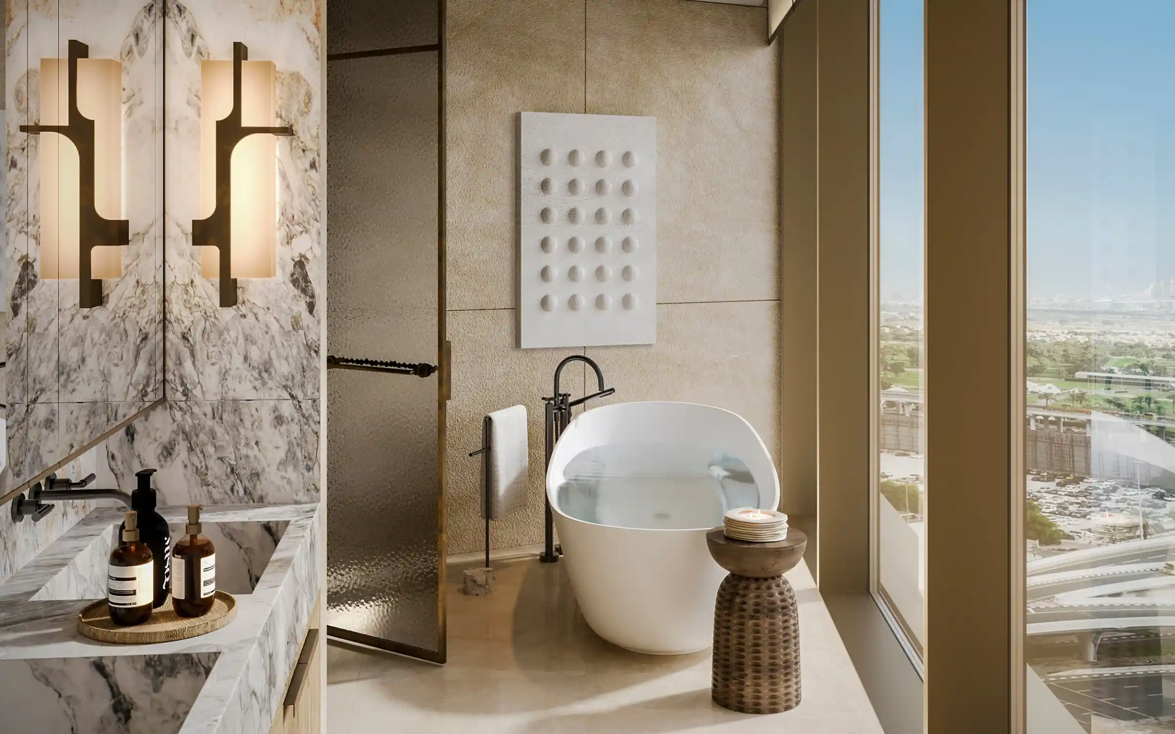 Luxury bathroom layout in Dubai with freestanding bathtub, marble vanity, and floor-to-ceiling window view