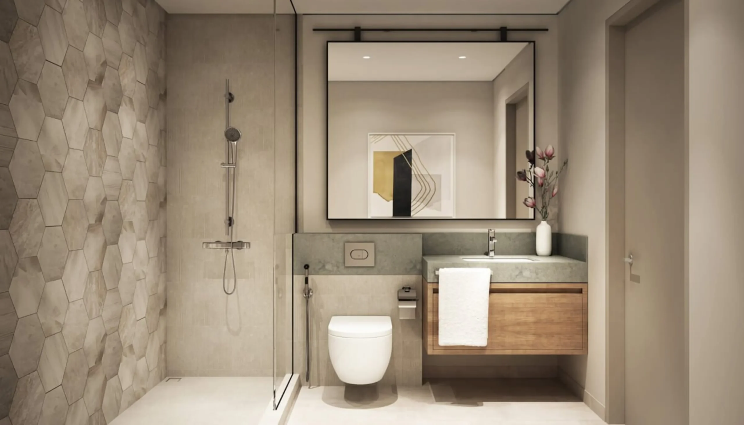 Modern bathroom renovation featuring a walk-in shower, mirror partition, designer basin, elegant tiles and refined lighting in a renovated Dubai villa