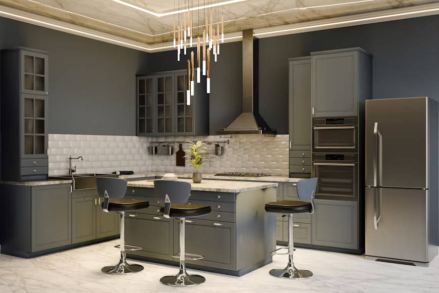 Complete kitchen remodeling in Dubai with a modern finished kitchen, improved layout and storage.