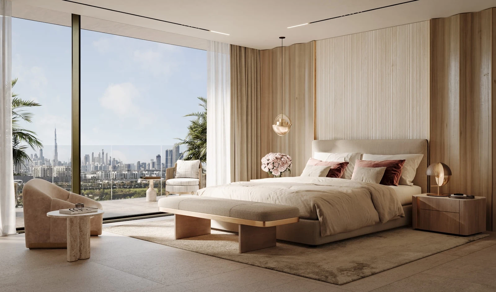 Modern 2 bedroom apartment master bedroom with warm wood panel detailing and floor to ceiling windows.