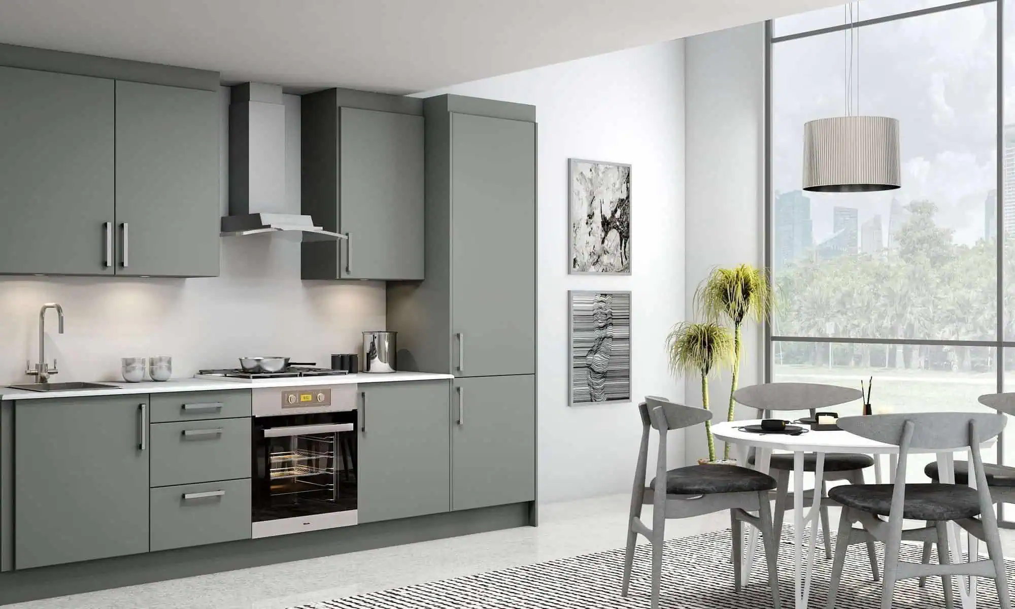 Handleless kitchen cabinets in a modern apartment kitchen with a sleek, minimalist finish.