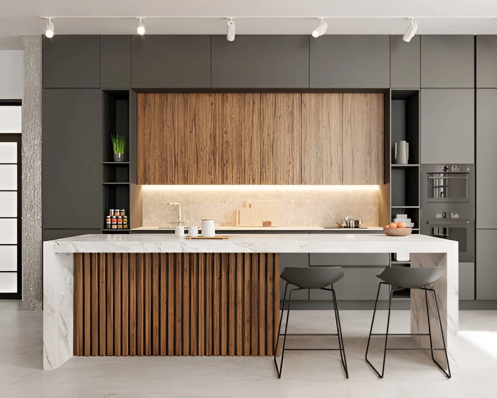 Kitchen island construction in Dubai with added prep space, storage and seating.