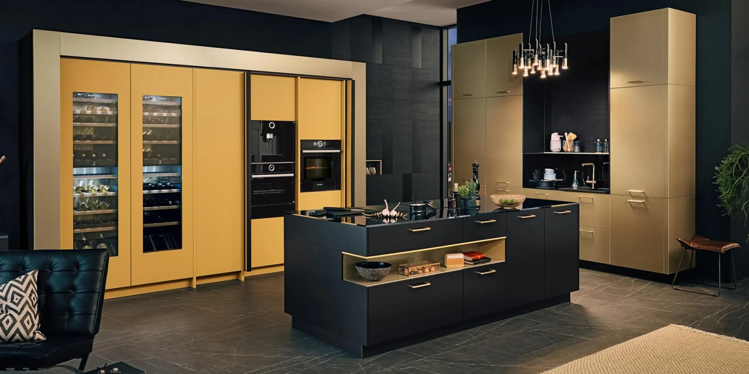 Luxury modern kitchen renovation in Dubai with built-in appliances, clean cabinetry, and warm ambient lighting