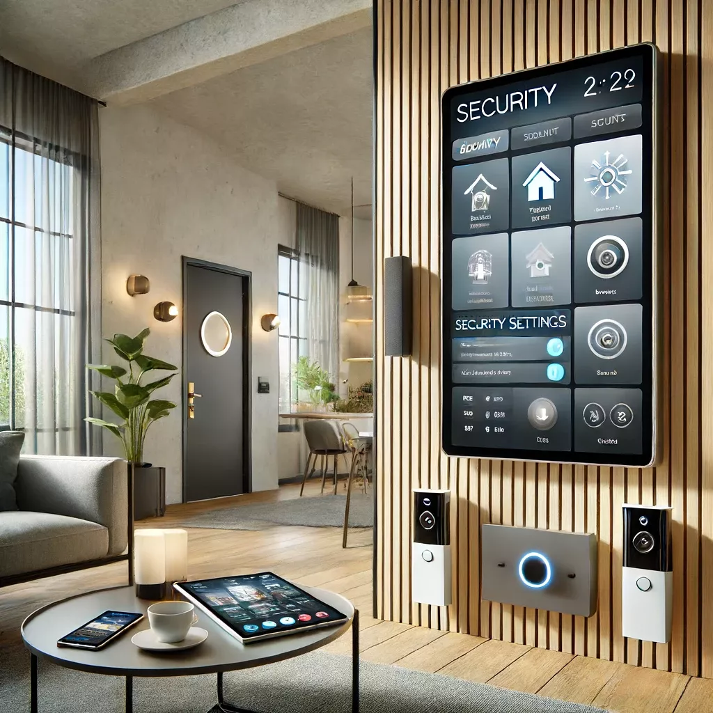 Professional smart home renovation in Dubai for luxury apartments, featuring a modern living room with integrated automation: wall control tablet, smart remote, fan controller, and designer table with elegant home gadgets.