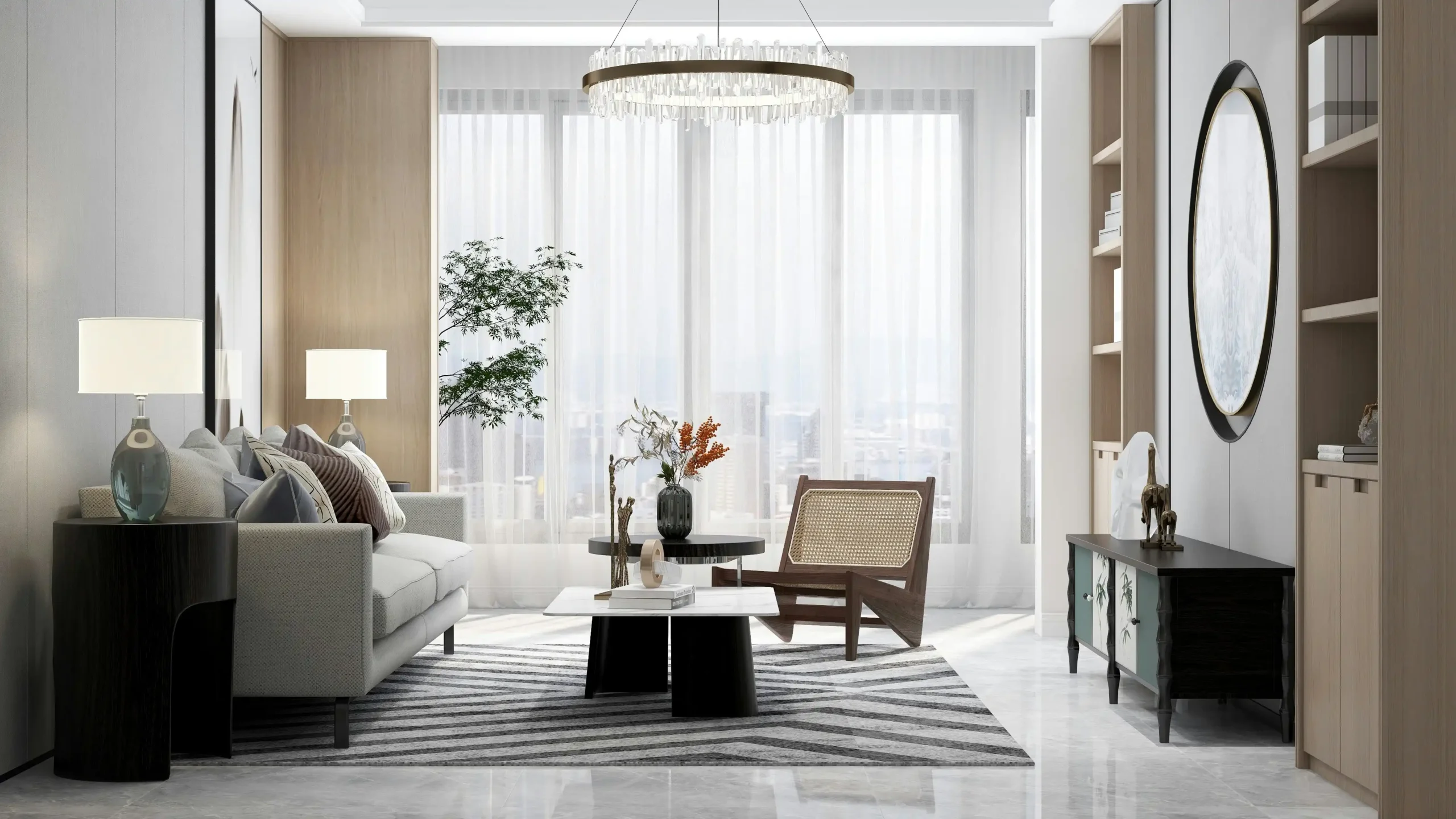 Living room renovation in Dubai with modern seating, feature wall, and warm accent lighting.