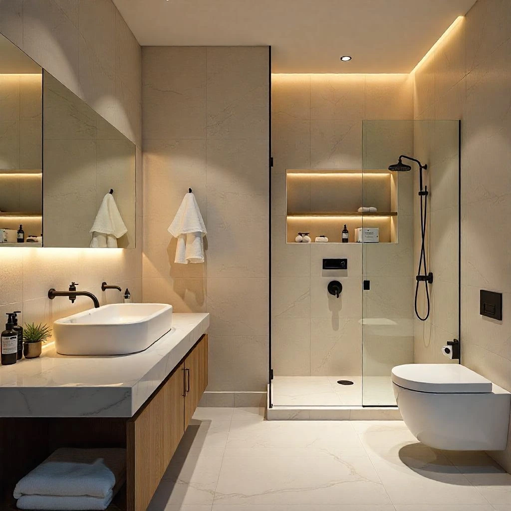 Wall-hung toilet and walk-in shower installation with modern bathroom fittings in Dubai