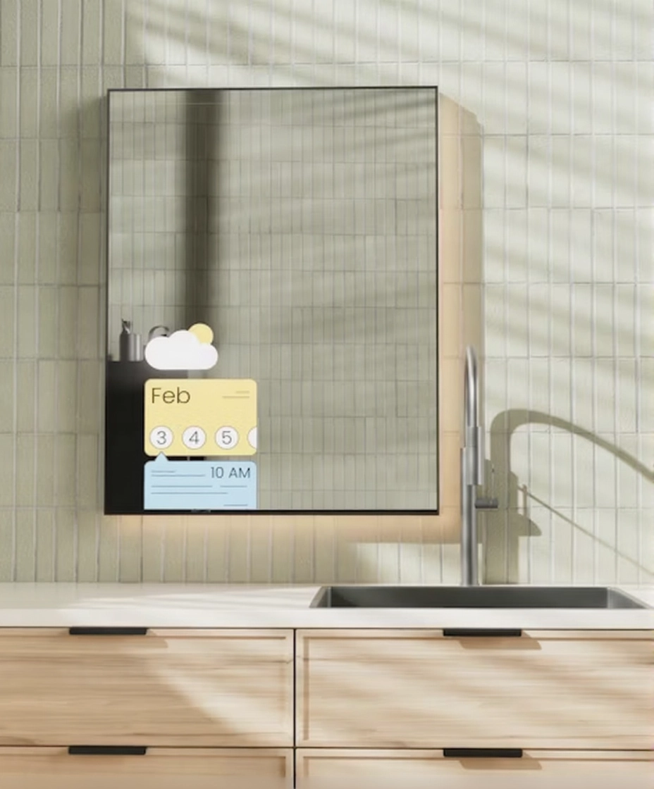 Smart bathroom mirror displaying digital interface for a modern bathroom upgrade