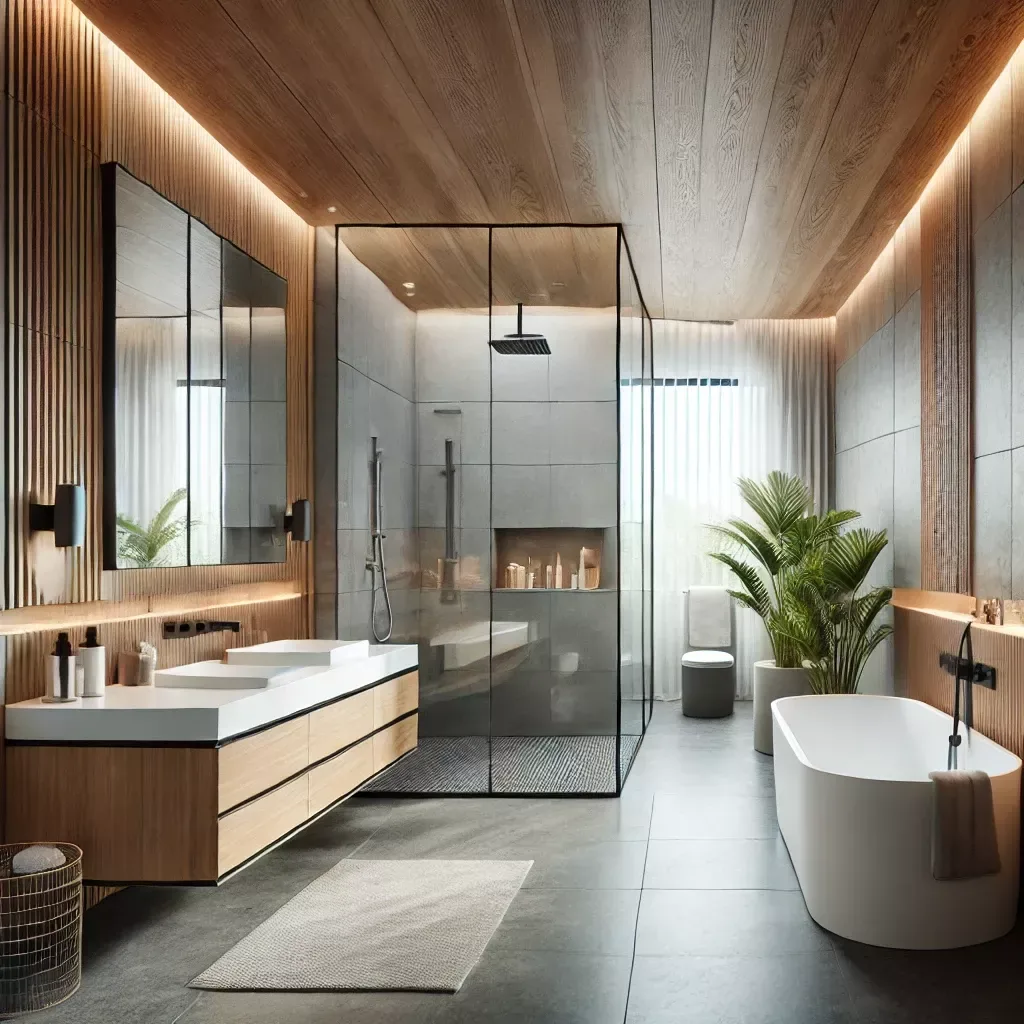 Modern villa bathroom design with wood ceiling, glass shower enclosure, freestanding bathtub, and warm ambient lighting