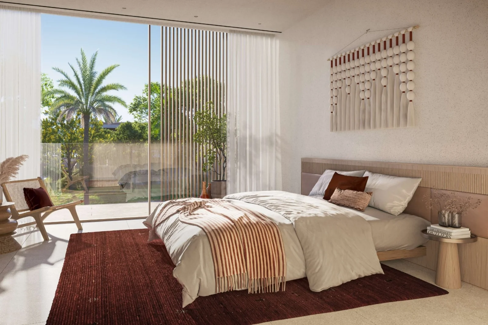 Modern villa bedroom design with natural daylight, neutral tones, and garden view through large sliding doors