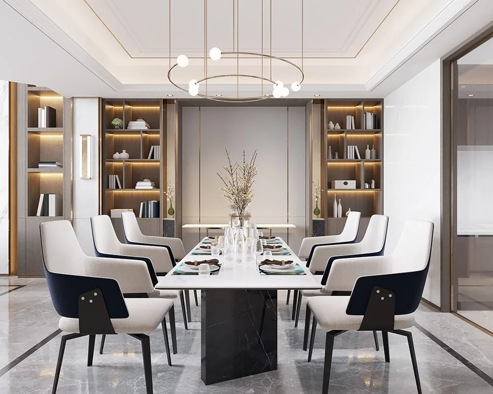 Modern villa dining room design with long dining table, statement pendant lighting, and built-in shelves