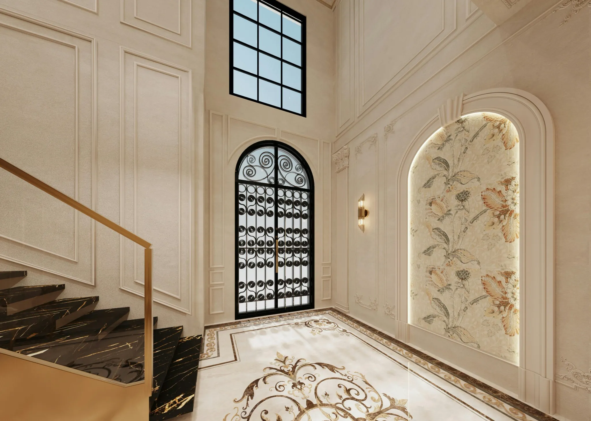 Luxury villa entrance foyer with double height ceiling, classic wall panels, and statement flooring design