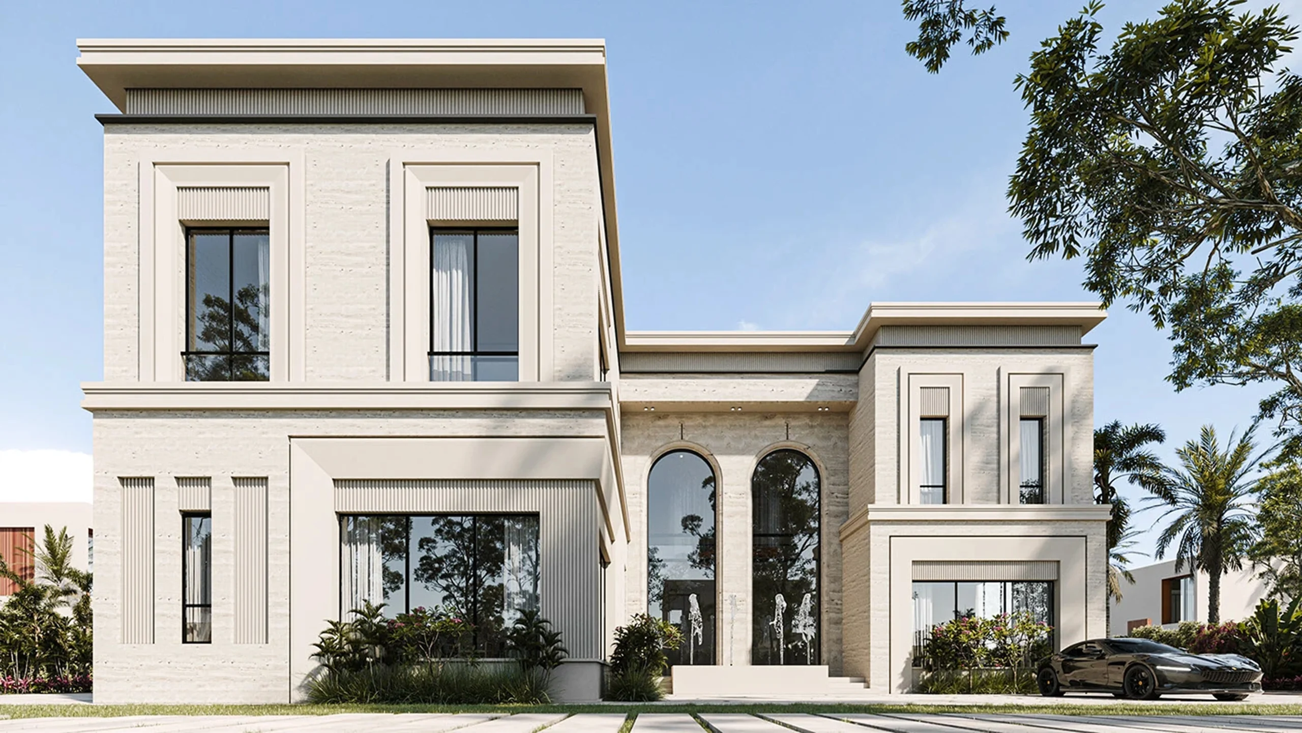 Modern villa exterior renovation featuring elegant wall finishes, long mirror-style windows and refined architectural detailing in Dubai