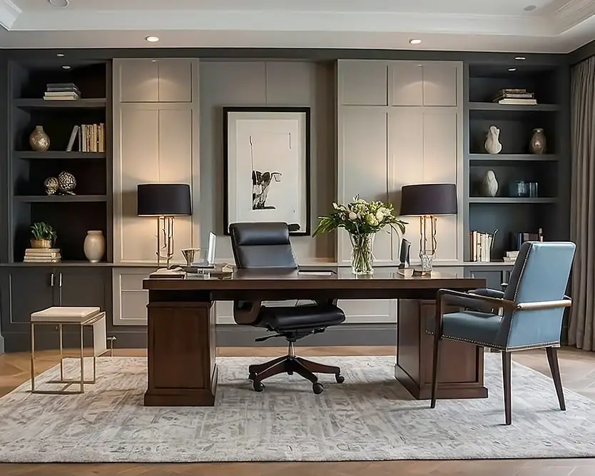 Home office design with built-in shelving, executive desk, and warm ambient lighting in a villa