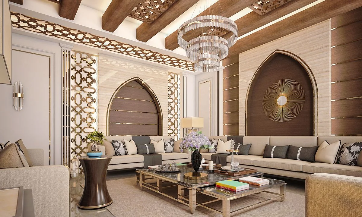 Arabic modern majlis interior with arched feature walls, geometric pattern screens, and statement chandelier in a Dubai villa