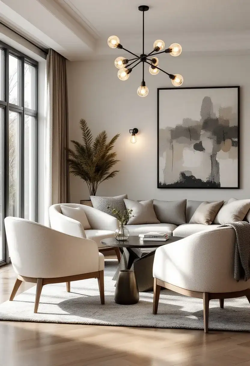 Modern neutral living room seating with statement pendant lighting for Dubai villa interior design