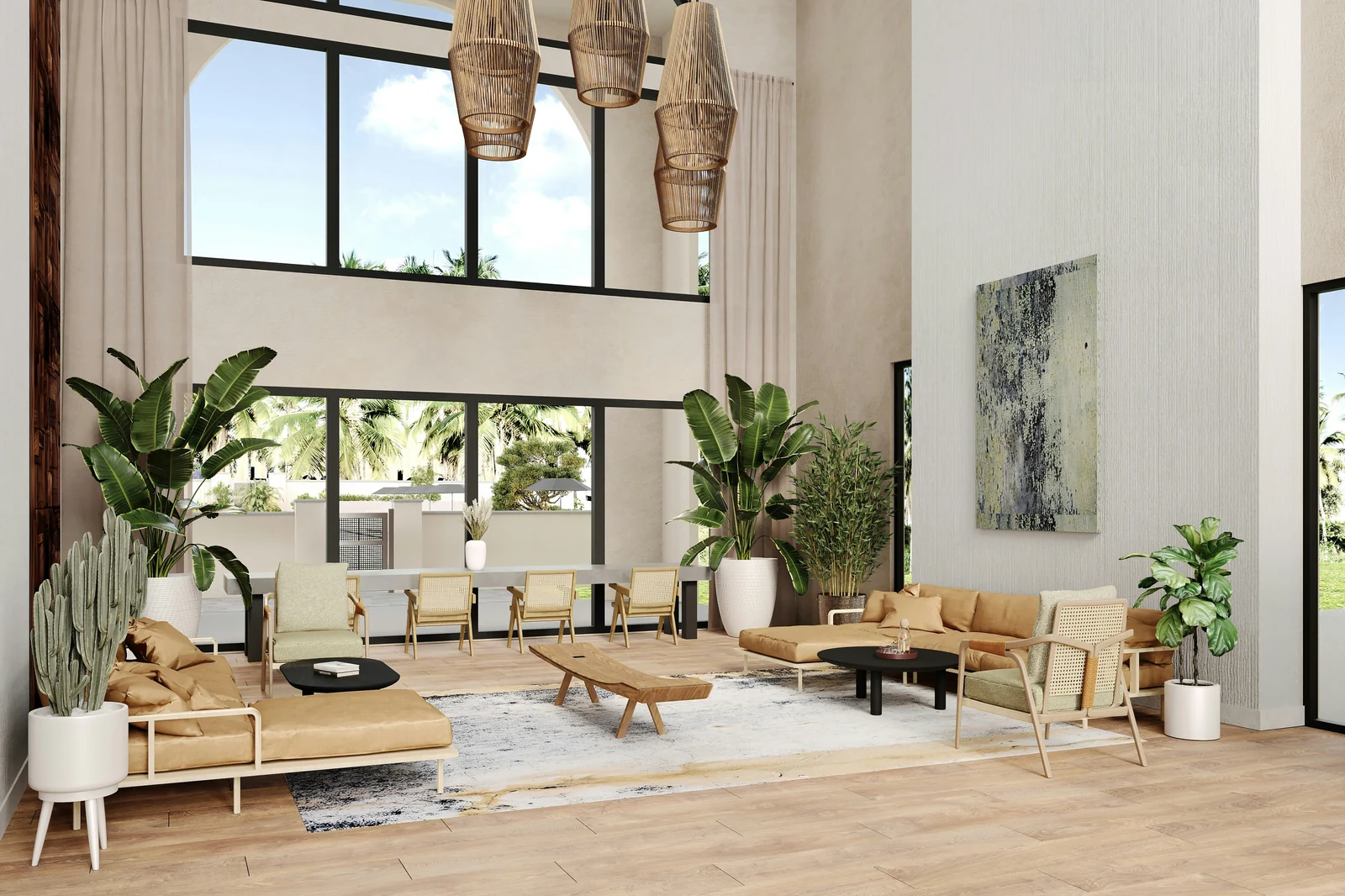 Double height living room design with high ceiling, natural light, and layered pendant lighting