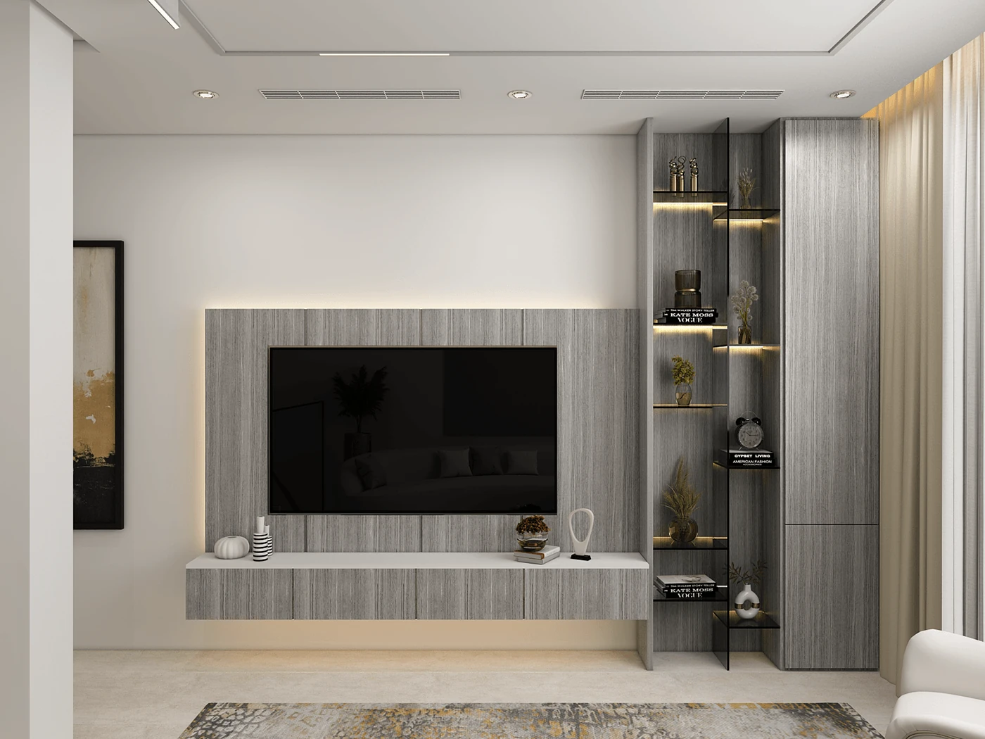 Bespoke TV feature wall with custom cabinetry, display shelves, and integrated LED lighting