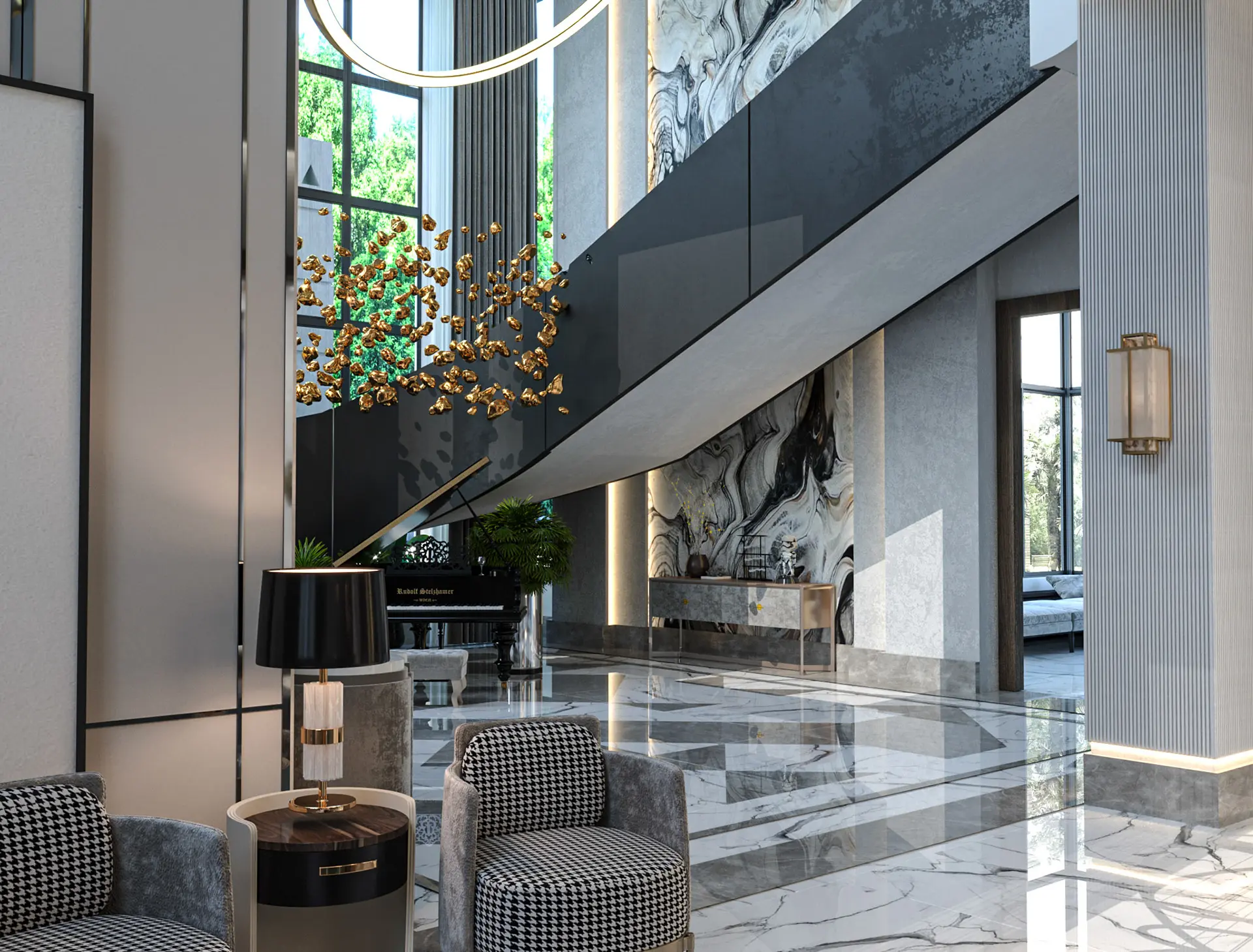 Luxury villa foyer with double height ceiling, floating staircase, marble flooring, and statement chandelier