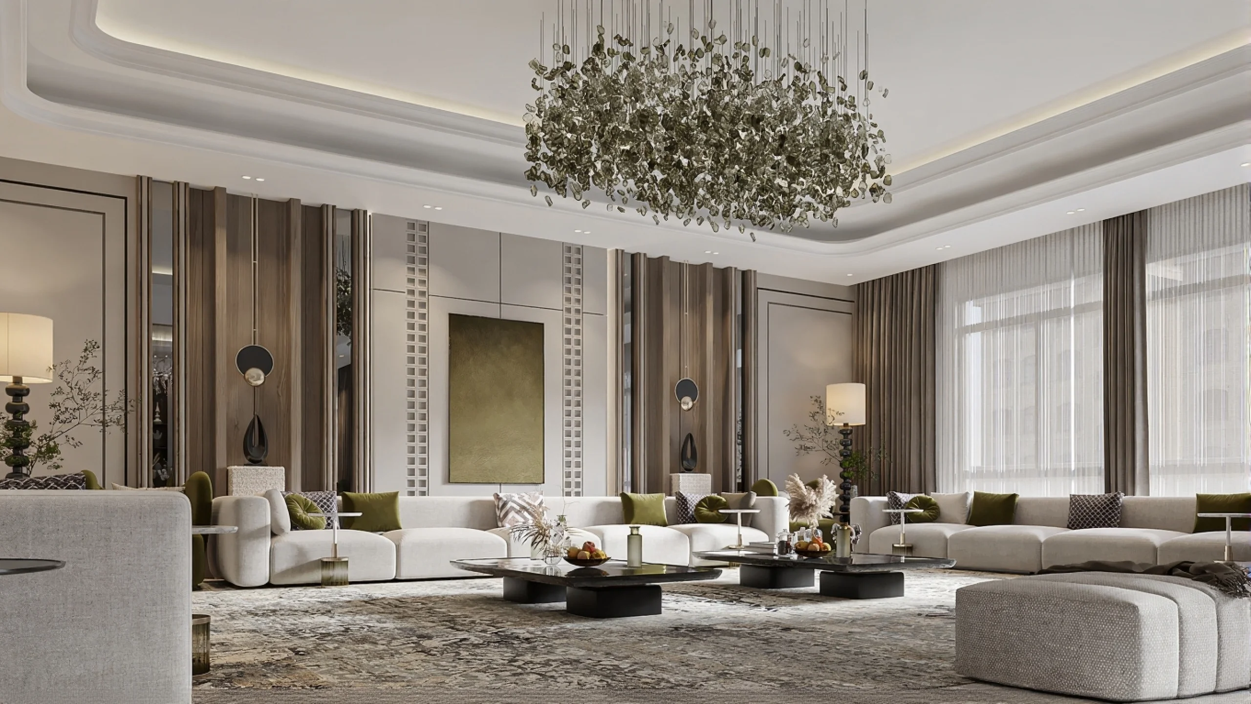 Modern luxury villa interior renovation with bespoke furniture, premium sofa seating and elegant living and dining area design in Dubai