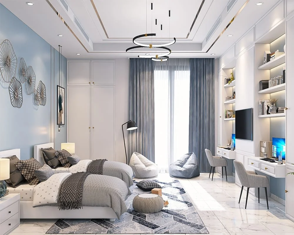 Kids bedroom design with study desk, built-in storage, soft lighting, and calm blue accents