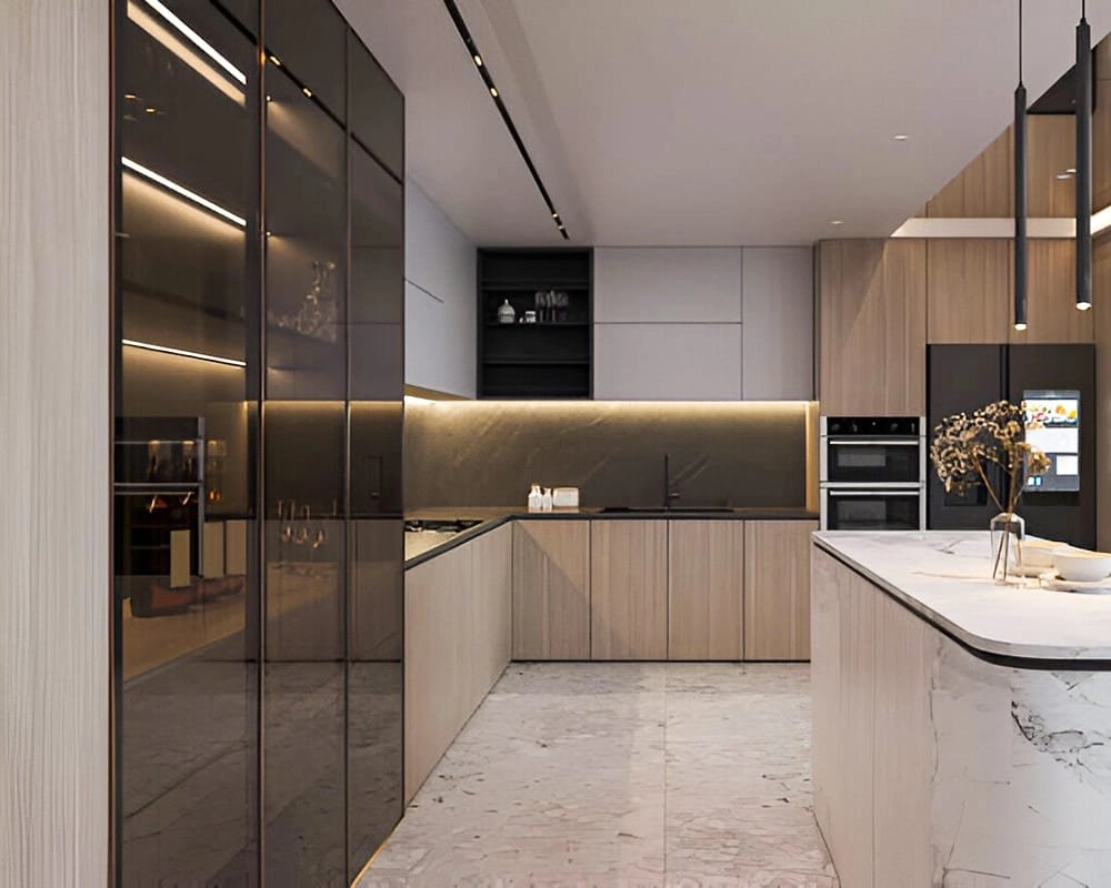 Modern villa kitchen design with handleless cabinetry, marble island, and warm under-cabinet lighting