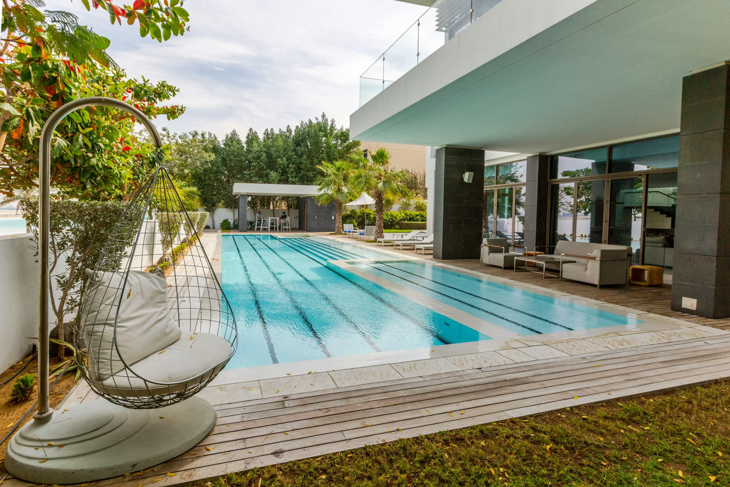 Villa pool installation with fresh water, premium tiling, advanced drainage and integrated water system in Dubai