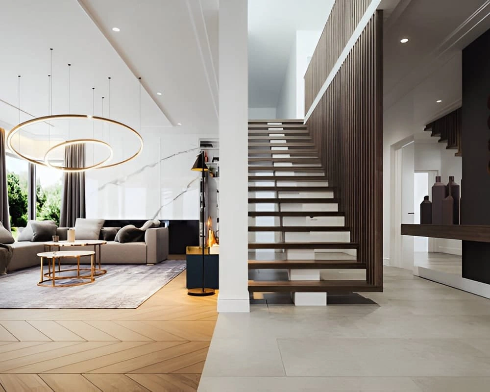 Modern villa staircase design with open riser steps, wood slat feature wall, and statement ring pendant lighting