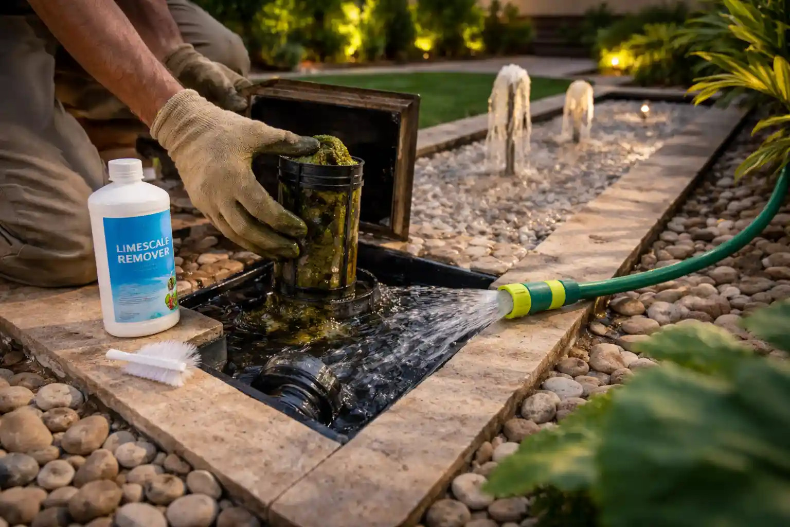 Water feature maintenance in Dubai villa showing filter cleaning and pump check for clear, reliable water flow