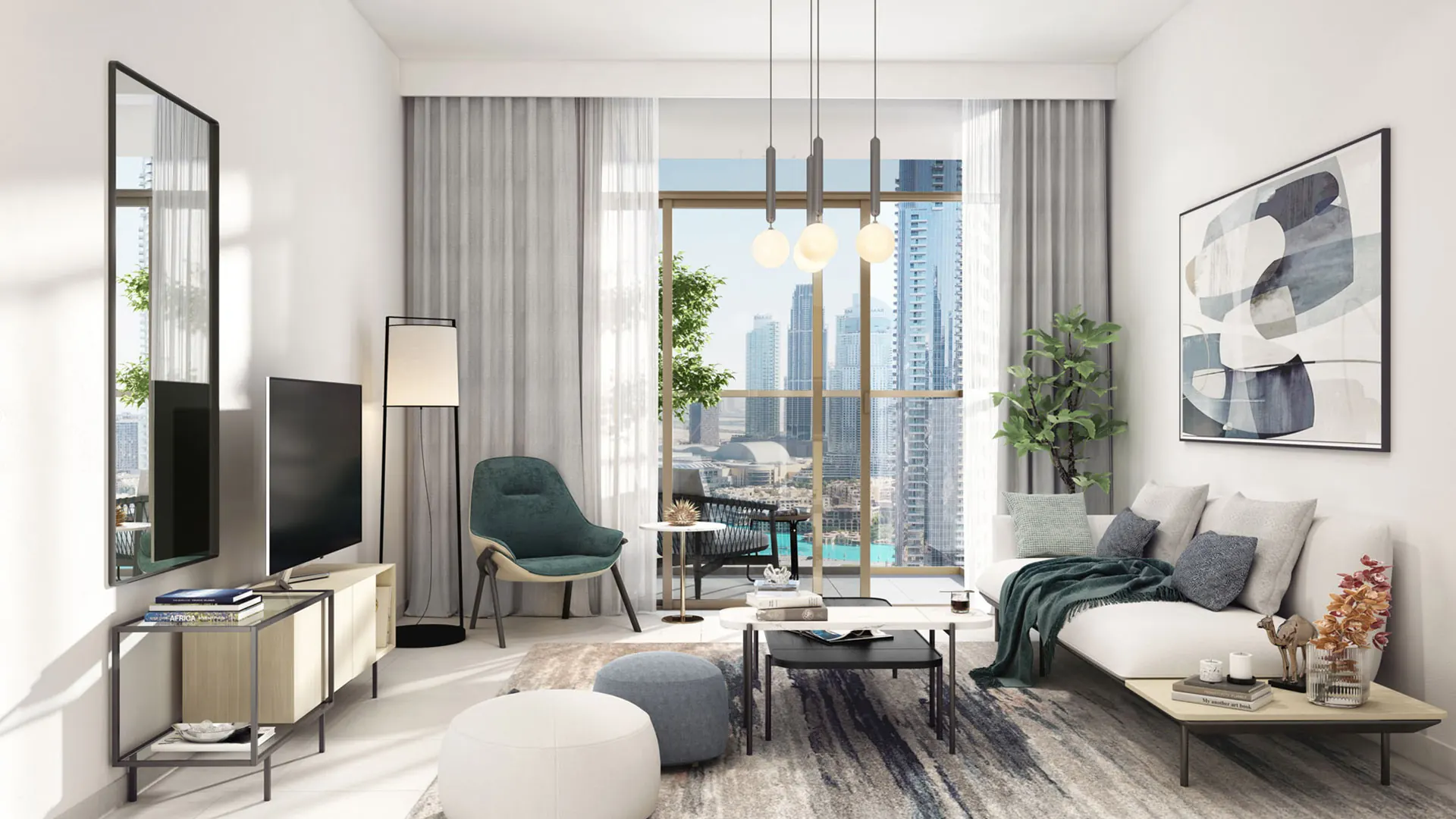 Bright Dubai apartment living room with balcony and skyline view, styled with modern furniture and neutral tones.