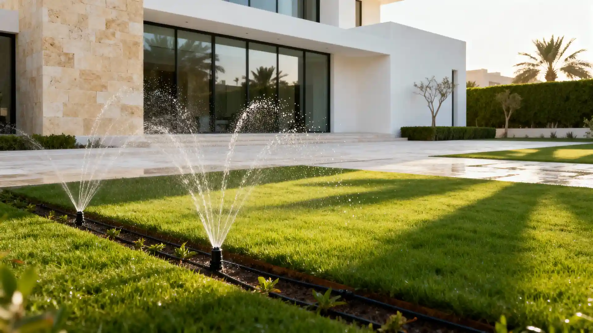 Automatic irrigation system watering a modern villa lawn with pop-up sprinklers