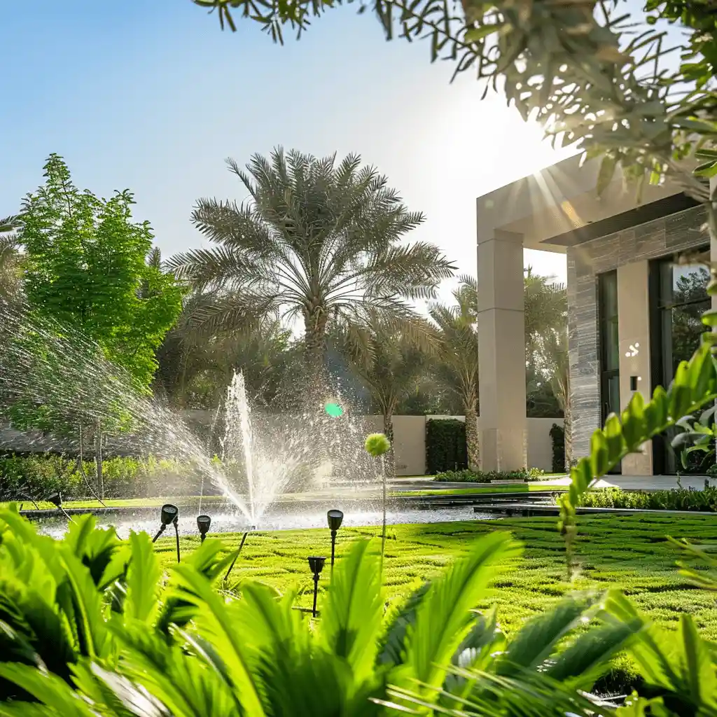 Automatic irrigation system watering a Dubai villa garden lawn with sprinklers