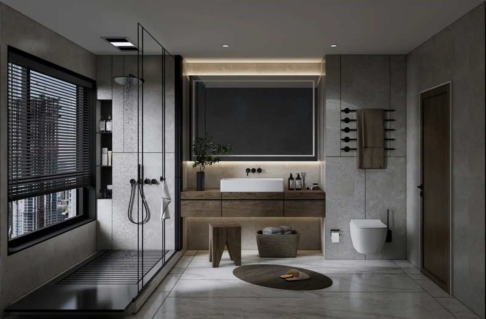 Modern bathroom upgrade with walk-in shower, floating vanity, and warm backlit mirror in Dubai