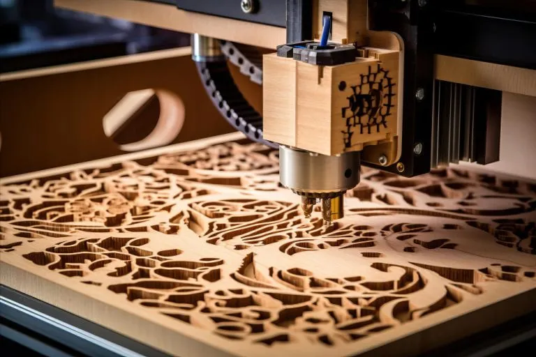 CNC router cutting an intricate wood pattern panel for custom CNC design and decorative joinery in Dubai.