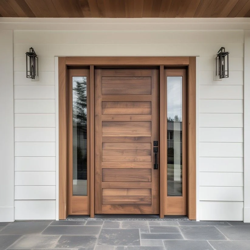 Custom wooden front door with modern horizontal panels and side glass lights at a Dubai villa entrance.