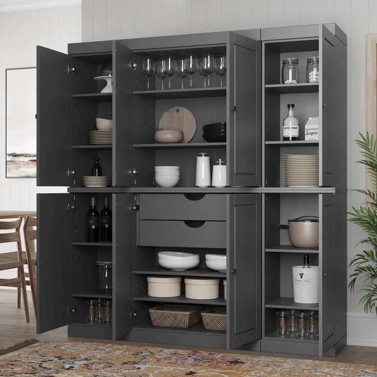 Pantry cabinets with adjustable shelves and storage compartments for kitchen organisation