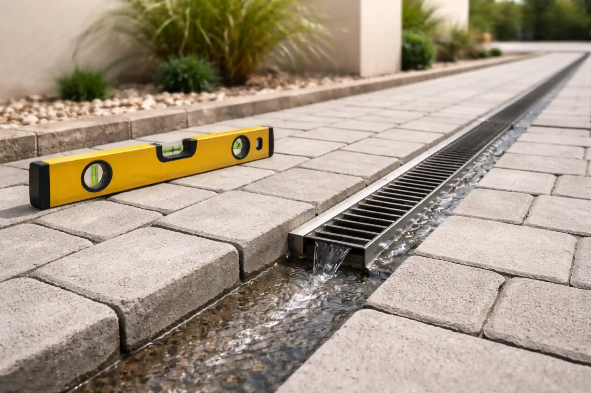 HB Interiors level and drainage check during landscape construction in Dubai with interlock pavers and trench drain