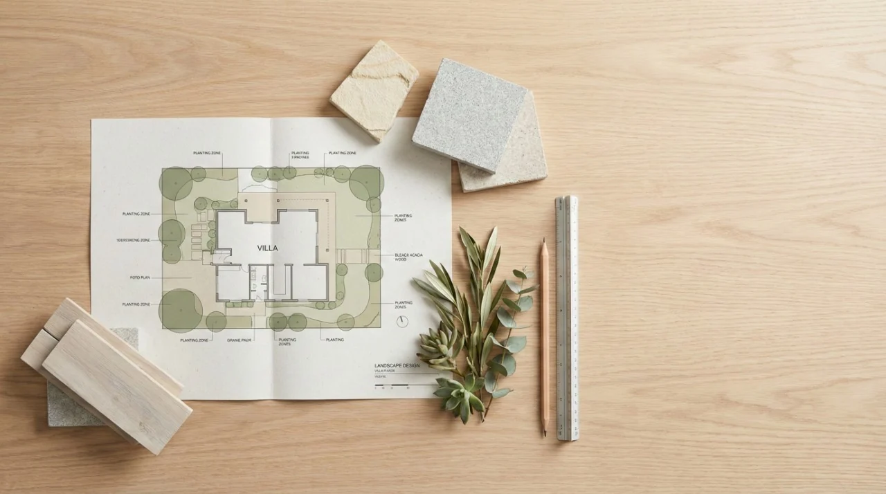 Landscape design plan for a Dubai villa garden with planting zones, material samples, and measurement tools