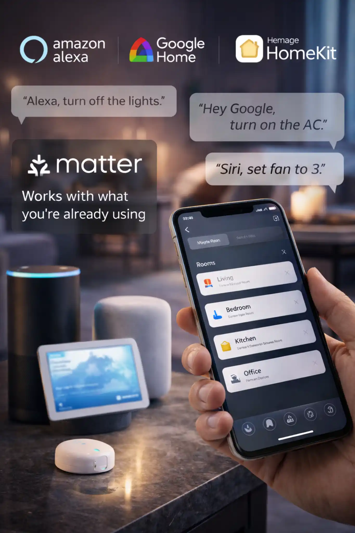 Matter compatible smart home control working with Alexa, Google Home, and Apple Home for unified automation in Dubai