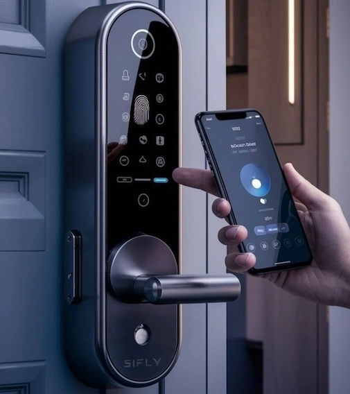 Smart door lock controlled from a phone app for smart access control in a Dubai home
